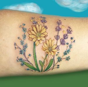 Vibrant watercolor sunflower design by Maritana Quaresma, perfect for showcasing on your forearm.