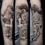 Healed roses, fresh ram memorial tattoo done with #3rlonly by @jordancampbellart
