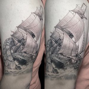 Ship and Kraken sleeve in progress.  Mostly healed, shading in sales is fresh done with #3rlonly