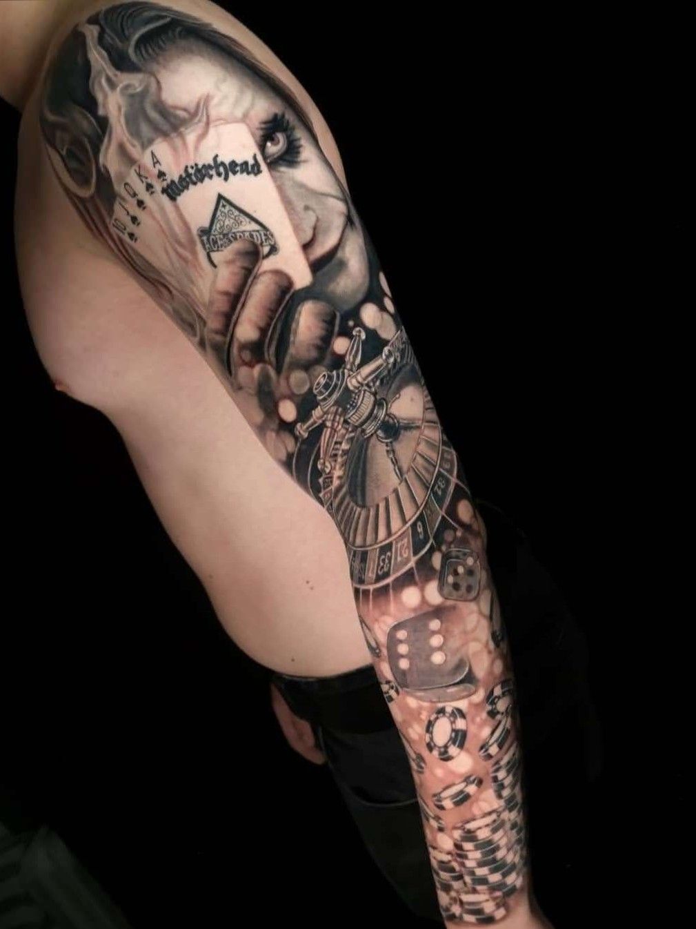 Gambling design, full leg sleeve done by Shamack! | Leg sleeve tattoo, Full  leg tattoos, Joker tattoo