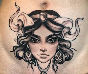 A femme Taurus piece. I always have so much fun with these faces.Tattoo by Nikki Swindle #NikkiSwindle #tattoodo #tattoodoapp #tattoodoappartists #besttattoos #awesometattoos #tattoosforgirls #tattoosformen #cooltattoos #neotraditional #neotradtattoo #ladyfacetattoo #femaletattooartist