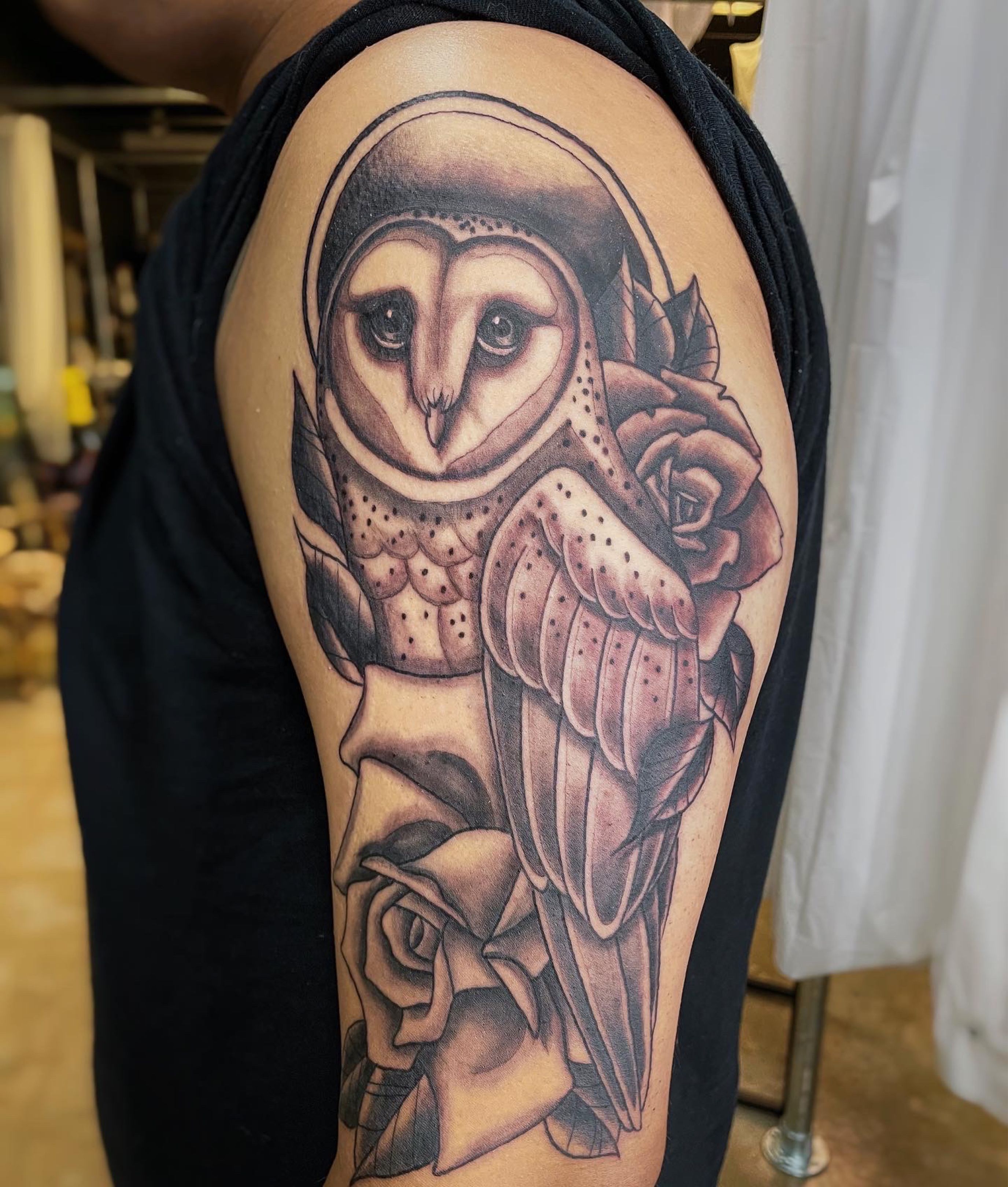 Barn owl done by Derik at Clean Slate Tattoo Denver CO  rtattoos