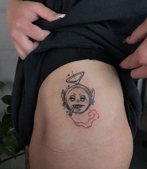 Unique tattoo featuring a mix of cigarettes, weed, and Teletubbies by Emiliia Kuzmina.