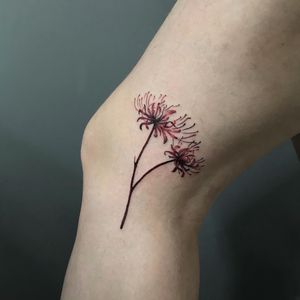 Beautifully detailed flower design inked on the knee by Emiliia Kuzmina