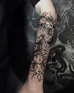 Unique blackwork tattoo featuring a doll, woman, girl, and centipede design by Emiliia Kuzmina.