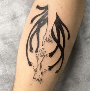 Unique blackwork and illustrative tattoo by Greed, featuring a mesmerizing hand pattern design on the lower leg.