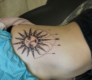 Bohemian sun w/ dotwork beading— 1/2 of a sun/moon sisters tattoo !by James @ Twisted Tattoo