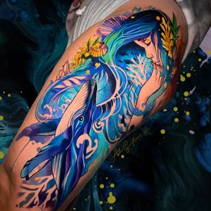 Ocean Mermaid Godess watercolor illustrative tattoo 