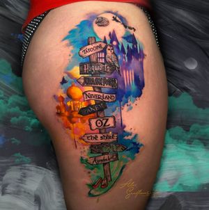 Magical locations post watercolor tattoo 