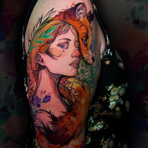 Fox girl tattoo sleeve watercolor sketch tattoo 