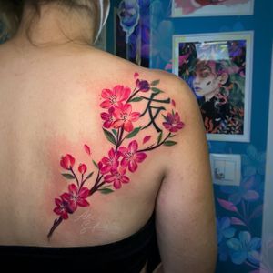 Sakura Flowers watercolor back tattoo