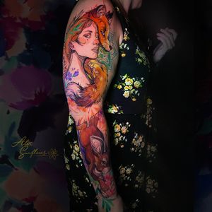 Watercolor sleeve tattoo fox lady and rabbit art 