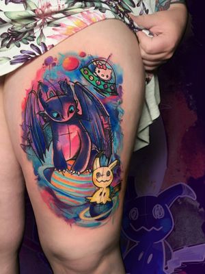 Toothless in space with Mimikyu and Hello Kitty Watercolor galaxy tattoo