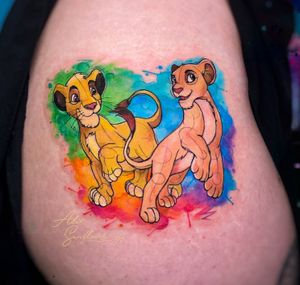 Simba and Nala Disney Watercolor Tattoo