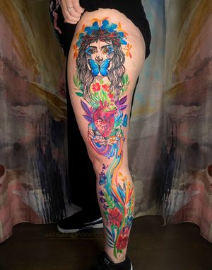 Forest goddess. Watercolor tattoo big leg project with anatomical heart and flowers