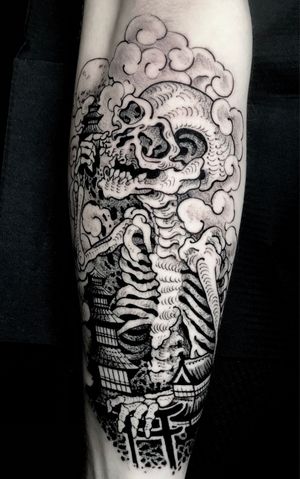 Get a unique tattoo on your shin with fine line Japanese style featuring intricate skull, architecture, and skeleton motifs by Matthew Ono.