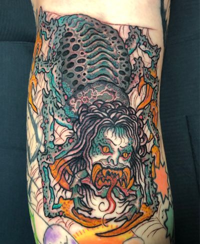 Get an intricate Japanese tattoo of a spider and woman on your lower leg by the talented artist Matthew Ono.