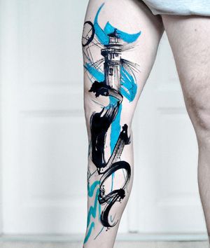 Capture the allure of the sea with this intricate blackwork lighthouse design on your upper leg. By talented artist Joza.