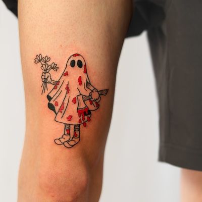 Illustrative design by Leo Quintao featuring a haunting ghost and blood accents on the upper leg.
