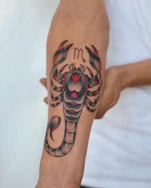 Illustrative scorpion tattoo on the forearm crafted by Steven Brooks, combining fine line details for a unique and striking design.