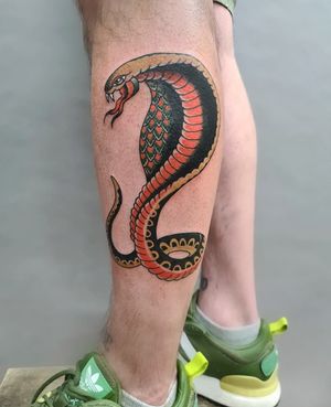 A traditional style snake tattoo on the lower leg, expertly done by Liza Vettaa. Bold lines and vibrant colors bring this serpent to life.