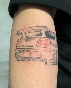 Get inked with a stylish car design by talented artist Holly Hawk, perfect for those who love minimalistic blackwork tattoos.