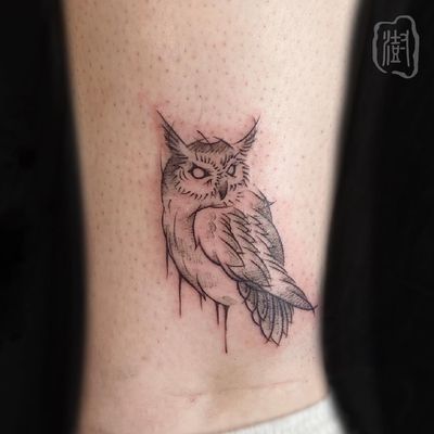 Get a stunning fine line illustrative owl tattoo on your ankle by the talented artist Cerf. Embrace wisdom and mystery with this beautiful design.
