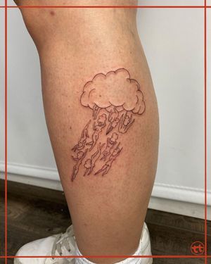 Elegant lower leg tattoo featuring a delicate fine line illustration of a woman surrounded by clouds, done by the talented artist Tianna.