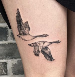 A beautiful blackwork illustration of a majestic swan, expertly crafted by tattoo artist Palena. This elegant design is perfect for the upper leg.