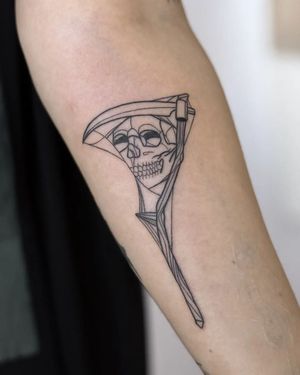 Unique fine line design by Kateryna Tytarenko combining skull and scythe motifs in a geometric illustrative style.