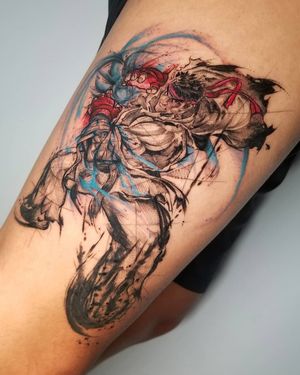 Get a vibrant new school tattoo of Ryu by Inkcognito on your upper leg for a bold and unique look.