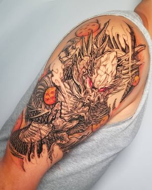 Discover the power and beauty of a Japanese dragon with this illustrative tattoo by Inkcognito. Make a statement with this stunning design!
