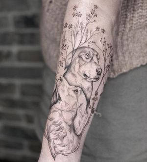 Get inked with a stunning piece by Palena featuring a lifelike dog and beautiful flower in illustrative style.