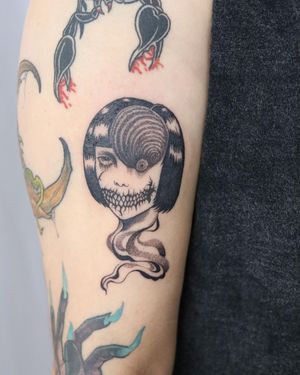 Detailed dotwork and illustrative pattern featuring a strong woman design on upper arm by artist Cerf.
