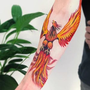 Get a stunning illustrative phoenix tattoo on your forearm by Daniel Verdysh, capturing the mythical bird rising from the flames.