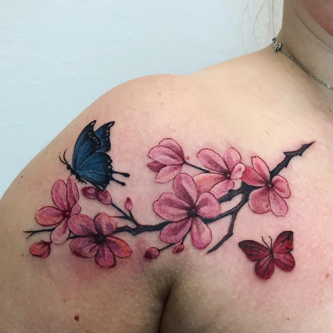 Illustrative Butterfly and Flower Shoulder Tattoo • Tattoodo