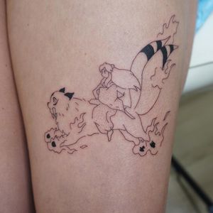 Unique upper leg tattoo by Nicole Ksiazek featuring a beautiful illustration of a dog with a girl in fine line style.