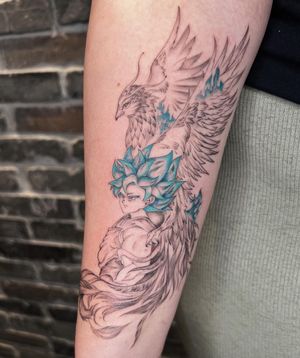 A striking forearm tattoo featuring a majestic phoenix intertwined with a man's silhouette, expertly rendered in illustrative style by Palena.