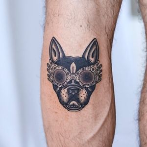 This unique tattoo features a dog wearing a Harry Potter inspired mask, with Luna Lovegood vibes. Perfect for any magical tattoo enthusiast!