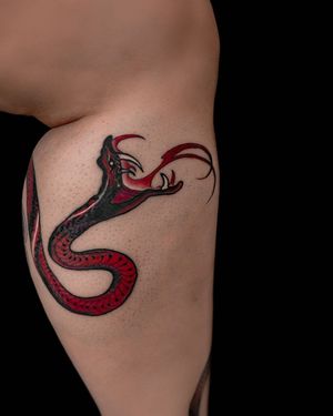 Get a stunning illustrative snake tattoo on your lower leg by the talented artist Nicole Histon. Unique and eye-catching!