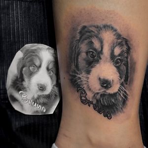 Nicole Histon creates a stunning tattoo featuring a realistic dog portrait and personalized lettering on the ankle.