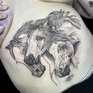 Letitia Mortimer's stunning black and gray horse tattoo beautifully crafted on the stomach.