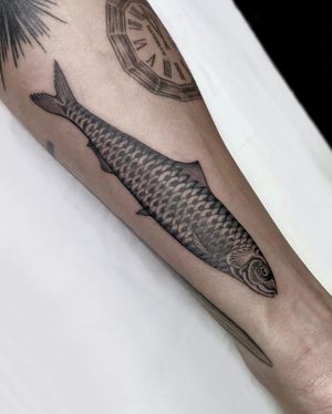 Turn your forearm into a masterpiece with a stunning black and gray fish tattoo by Sophie Rose Hunter.