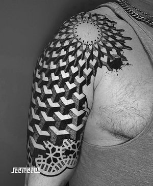 Dotwork tattoo done in 3 sessions based on three-dimensional elements. by Jeanmarco <a href="https://jeanmarcotattoo.com/">Geometric tattoo artist in Texas</a>