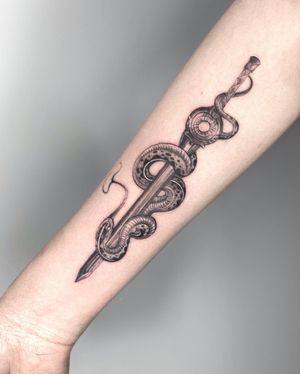 Mengni Yang's intricate blackwork design combines a snake and sword motif on the forearm, creating a striking and powerful illustrative piece.