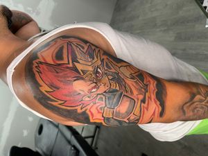 Vegeta/yugioh tattoo done by rokmatic_ink #vegetatattoo #yugiohtattoo #animetattoo #rokmatic #cartoontattoo #90stattoo 
