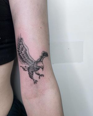 Get a stunning blackwork bird tattoo on your arm by the skilled artist Brian Daka. Perfect mix of art and nature.