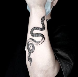Impressive blackwork snake design by tattoo artist Brian Daka. A unique piece for your forearm.