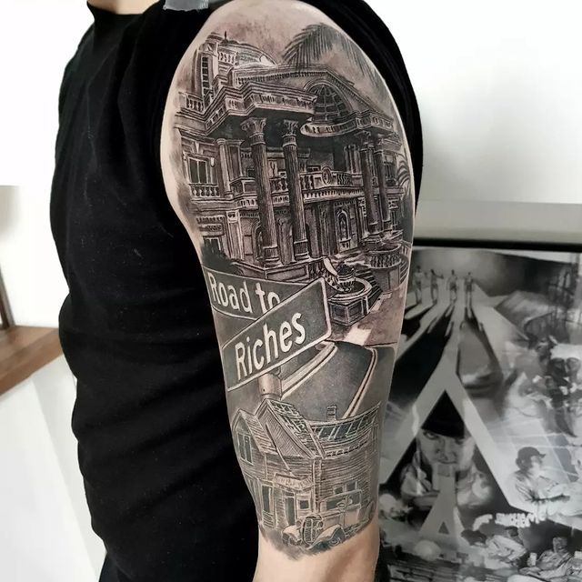 Artishocktattoo - “Mountain road on civic”. Cover up part of the sleeve.  This tattoo is a result of long journey which my friend made under project  “battle car” as much as I