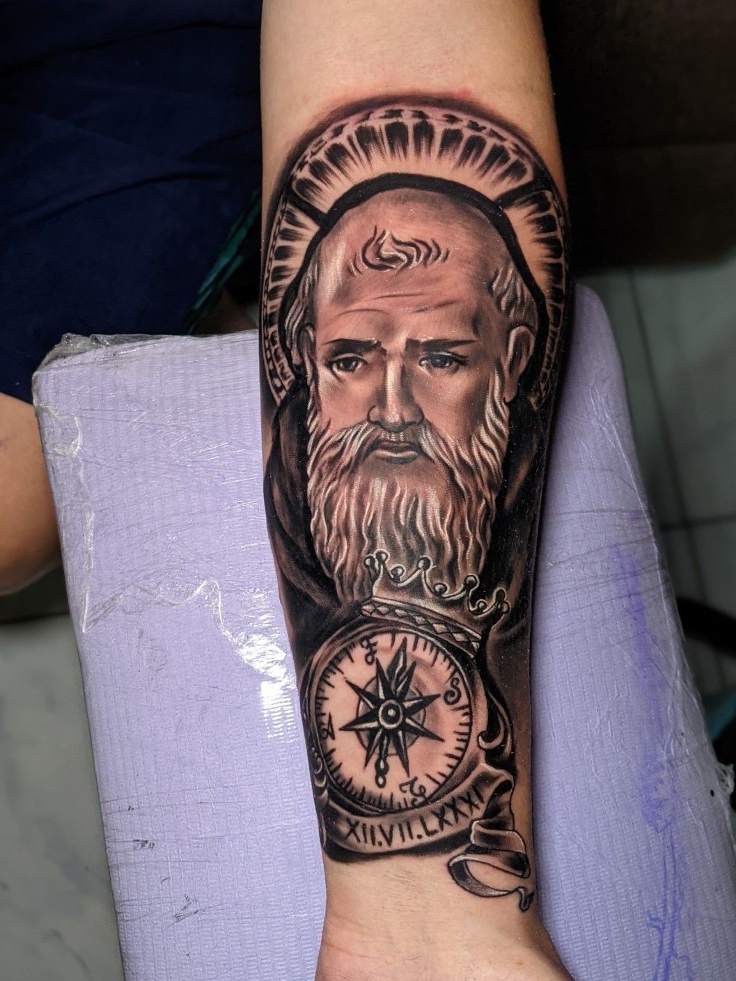 St Benedict Linework   Done  Ann Savage Tattoo Studio  Facebook